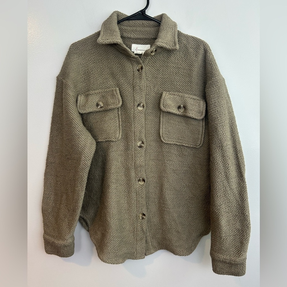 Anthropologie Knit Shacket Soft Brown Oversized Long Sleeve Button Down Size XS - Picture 2 of 13
